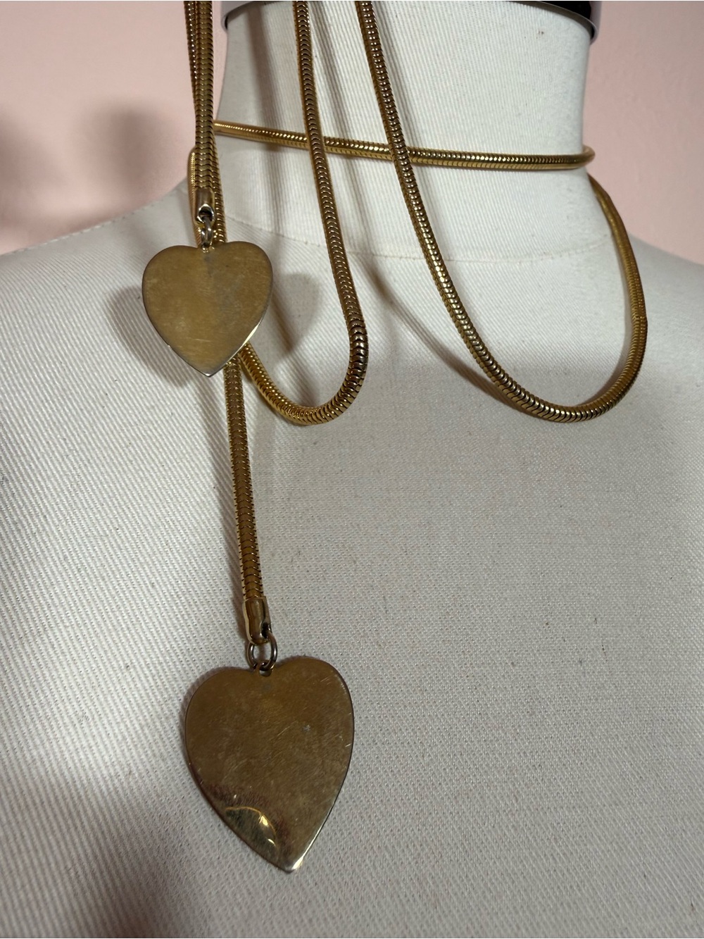 Vintage Gold Snake Chain Heart Minimalist Art deco Necklace Skinny Belt 50in